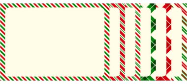 Çizgili kenarlı zarf çerçeveleri. Klasik hava postaları ve Noel tarzı tasarımlar posta temaları, davetiyeler, etiketler, eski posta şablonları, kartlar ve dekoratif düzenler için mükemmeldir. Vektör illüstrasyonu.