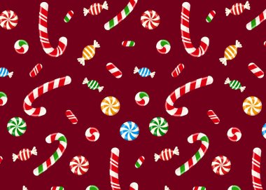 Şeker kamışı ve nane şekerli, dikişsiz mutlu Noeller. Ambalaj, dekorasyon ve tatil baskısı tasarımları için şenlikli Xmas arka planı. Vektör illüstrasyonu.