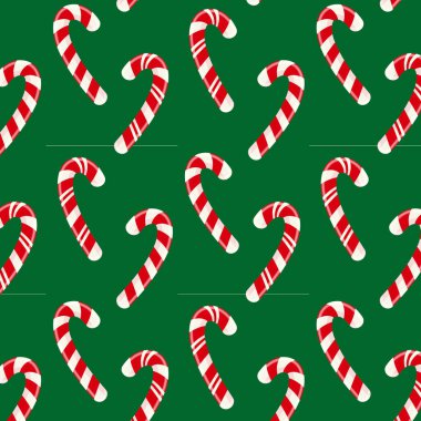 Yeşil arka planda kırmızı ve beyaz baston şekerli Noel desenleri. Kağıt, kart ve dekorasyonlar için bayram vektör çizimi.