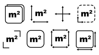 M2 sembollü kare çizgi simgesi alan ölçümünü temsil ediyor. Basit bir bölge ya da uzay ölçüm işareti. Düz alan, kare konsepti. Beyaz arkaplanda izole edilmiş temiz asgari vektör çizimi.