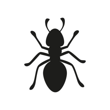 Beyaz arkaplanda izole edilmiş siyah karınca siluetinin üst görüntüsü. Böcek, doğa veya biyoloji tasarımı için basit karınca ikonu vektör çizimi.
