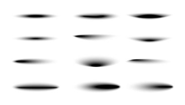 Yuvarlak gerçekçi gölge seti. Yumuşak dairesel solgun şekiller, pürüzsüz bulanık ve şeffaf kenarları var. Örtüler, modeller, UI tasarımı ve sunum arkaplanları için vektör illüstrasyonu.