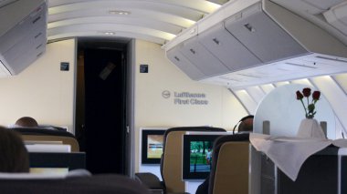 FRANKFURT - SEPTEMBER 2014: First Class Cabin Boeing 747-400 clipart