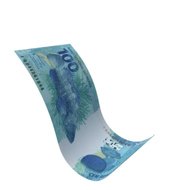 Brezilya 100 Reais Düşen Banknota, yüksek kalite para birimi finans, eğitim, 3D modelleme, hisse senedi. Kaynaklar ve küresel parasal kimlik ve değer.