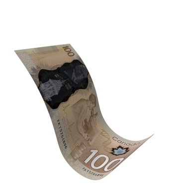 Kanada 100 Dolarlık Düşen Banknotlar, yüksek kalite para birimi finans, eğitim, 3D modelleme, hisse senedi. Kaynaklar ve küresel parasal kimlik ve değer.
