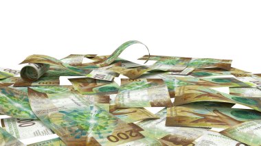 İsviçre 200 Frank Yerden Zenginlik Gösterimi, yüksek kalite para birimi finans, eğitim, 3D modelleme, hisse senedi. Kaynaklar ve küresel parasal kimlik ve değer.