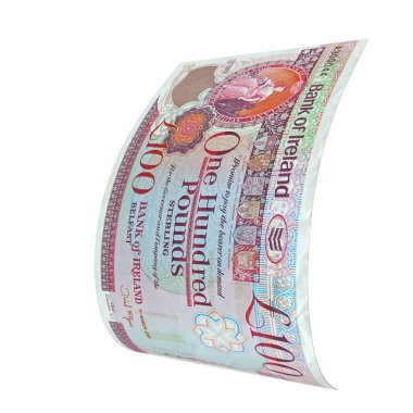 Kuzey İrlanda 100 Pound Düşen Zenginlik Gösterimi, yüksek kalite para birimi finans, eğitim, 3D modelleme, hisse senedi. Kaynaklar ve küresel parasal kimlik ve değer.