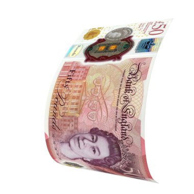 İngiltere 50 Pound Düşen Servet Gösterimi, yüksek kaliteli para birimi finans, eğitim, 3D modelleme, hisse senedi. Kaynaklar ve küresel parasal kimlik ve değer.