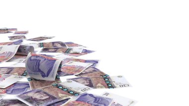 İngiltere 20 pound Pile Ground Finans Notu, yüksek kaliteli para birimi finans, eğitim, 3D modelleme, hisse senedi. Kaynaklar ve küresel parasal kimlik ve değer.