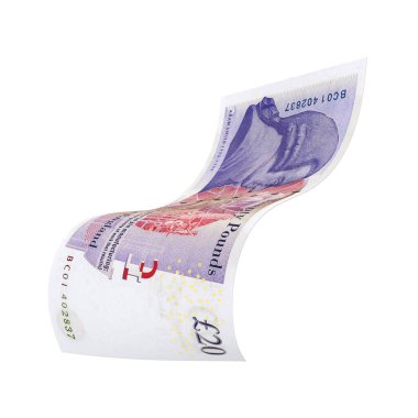 İngiltere 20 pound Düşen Parasal Değer, yüksek kalite para banknotu finans, eğitim, 3D modelleme, hisse senedi. Kaynaklar ve küresel parasal kimlik ve değer.