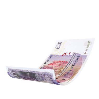 İngiltere 20 pound Düşen Finans Notu, yüksek kaliteli para birimi finans, eğitim, 3D modelleme, hisse senedi. Kaynaklar ve küresel parasal kimlik ve değer.