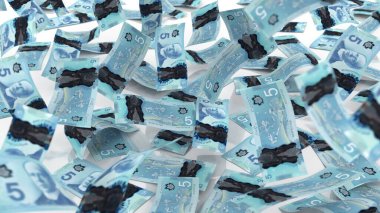 Kanada 5 Dolarlık Para Notları Lots, yüksek kalite para birimi finans, eğitim, 3D modelleme, hisse senedi. Kaynaklar ve küresel parasal kimlik ve değer.