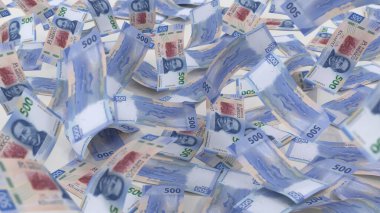 Meksika 500 Pesos Pescy Note Lots, yüksek kaliteli para birimi finans, eğitim, 3D modelleme, hisse senedi. Kaynaklar ve küresel parasal kimlik ve değer.