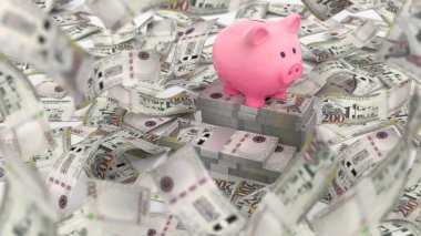 Suudi Arabistan 200 Riyal Para Notu Piggy Bank, yüksek kalite para birimi finans, eğitim, 3D modelleme, hisse senedi. Kaynaklar ve küresel parasal kimlik ve değer.