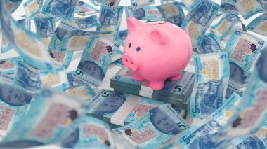 İskoçya 5 Pound Para Notu Piggy Bank, yüksek kalite para birimi finans, eğitim, 3D modelleme, hisse senedi. Kaynaklar ve küresel parasal kimlik ve değer.