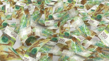 İsviçre 200 Frangı Para Notları Lots, yüksek kalite para birimi finans, eğitim, 3D modelleme, hisse senedi. Kaynaklar ve küresel parasal kimlik ve değer.