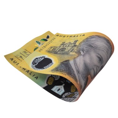 Avustralya 50 Dolar Düşen Küresel Ekonomi, yüksek kalite para birimi finans, eğitim, 3D modelleme, hisse senedi. Kaynaklar ve küresel parasal kimlik ve değer.