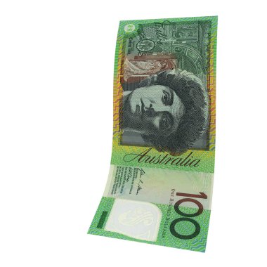 Avustralya 100 Dolarlık Düşen Zenginlik Gösterimi, yüksek kaliteli para birimi finans, eğitim, 3D modelleme, hisse senedi. Kaynaklar ve küresel parasal kimlik ve değer.