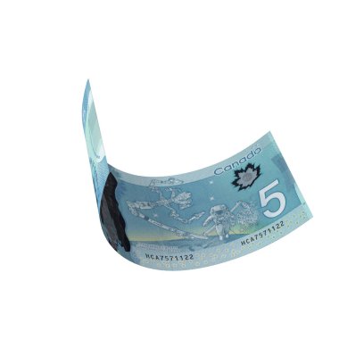 Kanada 5 Dolar Düşen Parasal Değer, yüksek kaliteli para birimi banknotu finans, eğitim, 3D modelleme, hisse senedi. Kaynaklar ve küresel parasal kimlik ve değer.