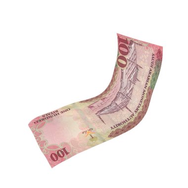 Suudi Arabistan 100 Riyals Falling Polymer Cash, yüksek kalite para birimi finans, eğitim, 3D modelleme, hisse senedi. Kaynaklar ve küresel parasal kimlik ve değer.