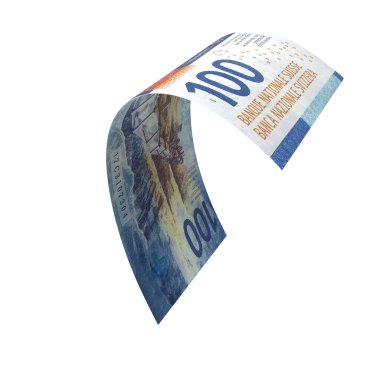 İsviçre 100 Frank Düşen Finans Notu, yüksek kalite para birimi finans, eğitim, 3D modelleme, hisse senedi. Kaynaklar ve küresel parasal kimlik ve değer.