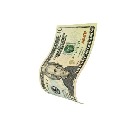 Amerika Birleşik Devletleri 20 Dolar Düşen Not Parası, yüksek kaliteli para birimi finans, eğitim, 3D modelleme, hisse senedi. Kaynaklar ve küresel parasal kimlik ve değer.