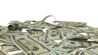 Amerika Birleşik Devletleri 20 Dolarlık Yığınla Zenginlik Gösterimi, yüksek kalite para birimi finans, eğitim, 3D modelleme, hisse senedi. Kaynaklar ve küresel parasal kimlik ve değer.