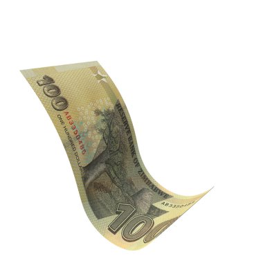 Zimbabwe 100 Dolar Düşen Banknotlar, yüksek kalite para birimi finans, eğitim, 3D modelleme, hisse senedi. Kaynaklar ve küresel parasal kimlik ve değer.