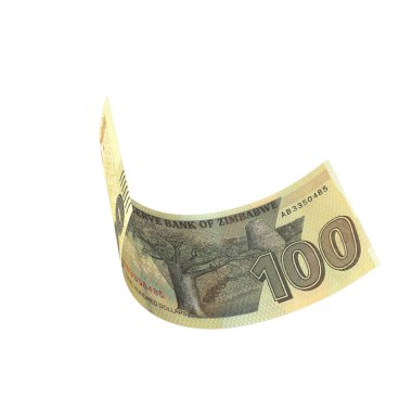 Zimbabwe 100 Dolar Düşen Parasal Değer, yüksek kalite para banknotu finans, eğitim, 3D modelleme, hisse senedi. Kaynaklar ve küresel parasal kimlik ve değer.
