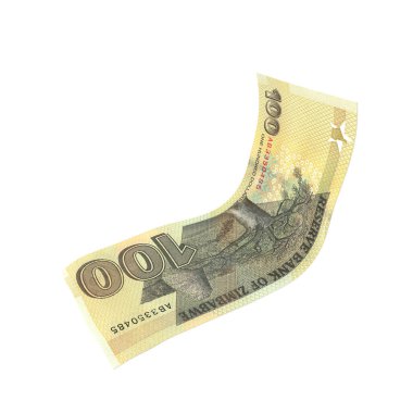 Zimbabwe 100 Dolar Düşen Polimer Cash, yüksek kalite para birimi finans, eğitim, 3D modelleme, hisse senedi. Kaynaklar ve küresel parasal kimlik ve değer.