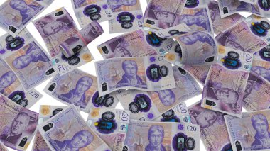 İngiltere 20 Pound Pound Pound Ground Finans, yüksek kalite para birimi finans, eğitim, 3D modelleme, hisse senedi. Kaynaklar ve küresel parasal kimlik ve değer.