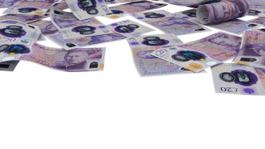 İngiltere 20 Pound Zemin Zenginlik Gösterimi, yüksek kalite para birimi finans, eğitim, 3D modelleme, hisse senedi. Kaynaklar ve küresel parasal kimlik ve değer.