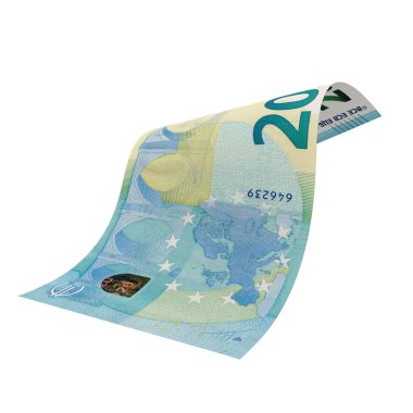 Euro 20 Düşen Banknotlar, yüksek kalite para birimi finans, eğitim, 3D modelleme, hisse senedi. Kaynaklar ve küresel parasal kimlik ve değer.