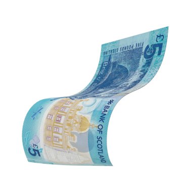 İskoçya 5 Pound Düşen Parasal Değer, yüksek kaliteli para birimi banknotu finans, eğitim, 3D modelleme, hisse senedi. Kaynaklar ve küresel parasal kimlik ve değer.
