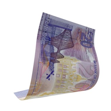 İskoçya 20 Pound Düşen Yatırım Notları, yüksek kaliteli para birimi banknotu finans, eğitim, 3D modelleme, hisse senedi. Kaynaklar ve küresel parasal kimlik ve değer.