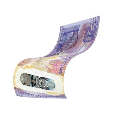 İskoçya 20 Pound Düşen Parasal Değer, yüksek kaliteli para birimi banknotu finans, eğitim, 3D modelleme, hisse senedi. Kaynaklar ve küresel parasal kimlik ve değer.