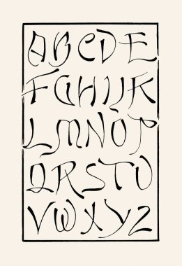 Mürekkep ve kalemle elle çizilmiş alfabe. Bej kağıt arkaplanda süslemeli, sanatsal siyah harf.