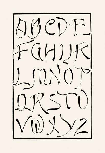 Hand-drawn alphabet created with ink and pen. Artistic black lettering in ornamental calligraphic style on beige paper background.