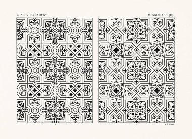 Klasik dekoratif dekorasyon tasarımları. 1881 'de Londra' da yayınlanan tarihi sanat tarzlarının geometrik ve çiçekli tabloları..