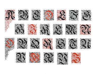 Sanatsal ve dekoratif tipografi ve ayrıntılı çizim içeren dekoratif alfabe harf tasarımı.