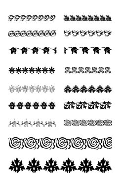 Klasik tasarım detaylarıyla dekoratif siyah kenar seti. Sayfalar, planlar, kapaklar, tipografi ve dekorasyon için grafik çerçeveler ve bölücüler.