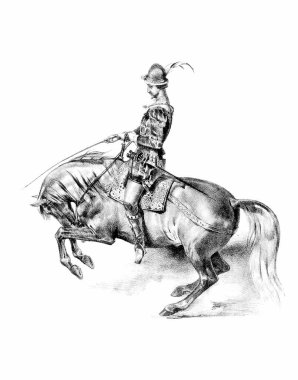 Beyaz kağıt üzerinde at ve binici eli kalem çizimi, detaylı çizim sanatı ile binicilik çizimi.