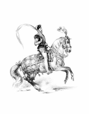 Beyaz kağıt üzerinde at ve binici eli kalem çizimi, detaylı çizim sanatı ile binicilik çizimi.