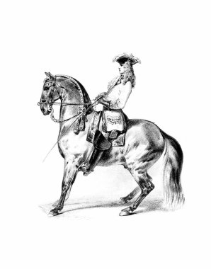 Beyaz kağıt üzerinde at ve binici eli kalem çizimi, detaylı çizim sanatı ile binicilik çizimi.