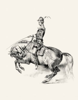 At ve binici eli bej kağıda kalem çizimi detaylı çizim sanatıyla binicilik çizimi.