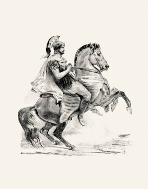 At ve binici eli bej kağıda kalem çizimi detaylı çizim sanatıyla binicilik çizimi.