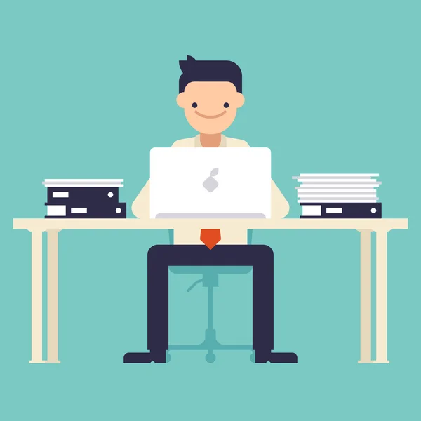 Office worker sitting at the table and working on the computer — Stock Vector