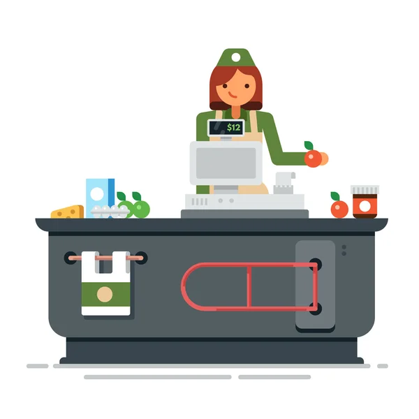 A young cashier woman standing in supermarket — Stock Vector