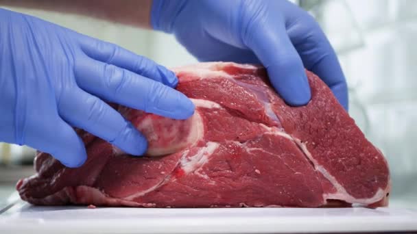 Rzeźnik prezentuje kawałek świeżego mięsa wołowego, kucharz przygotowuje mięso na stek wołowy — Wideo stockowe