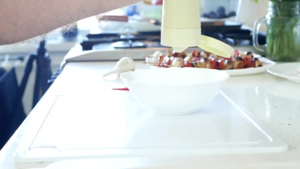 Man in the Kitchen Preparing a Delicious and Creamy Organic Mayonnaise — Stock Video